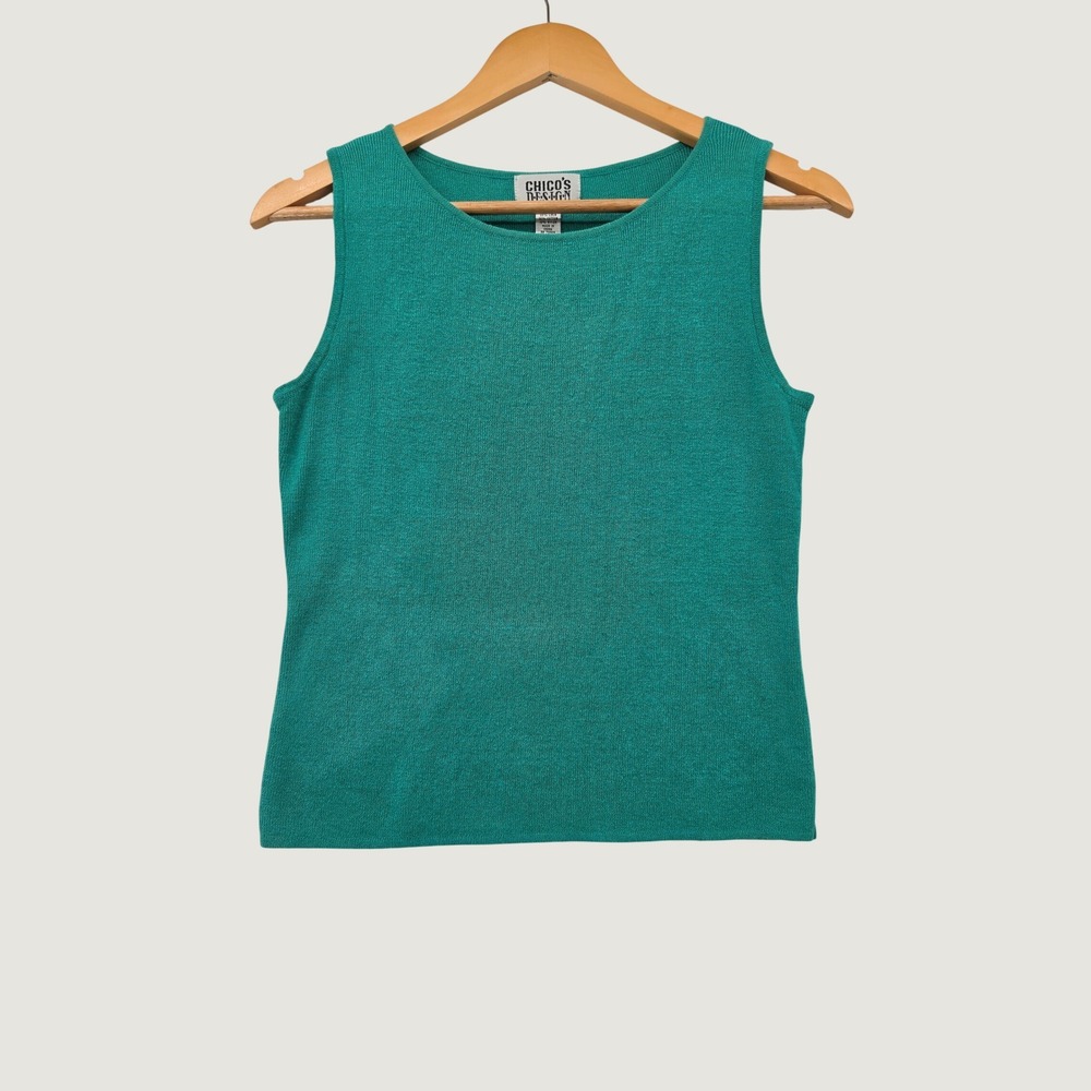 Chicos Design Linen Blend Knit Tank Top Teal Green Sleeveless Shell Size 0 SM